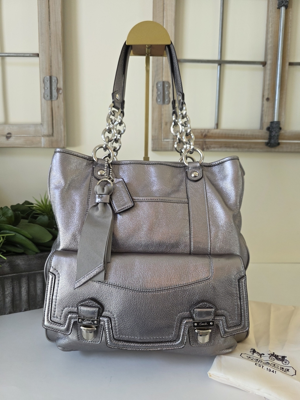 Coach Poppy Pushlock Metallic Leather Tote Y2K Silver Gray